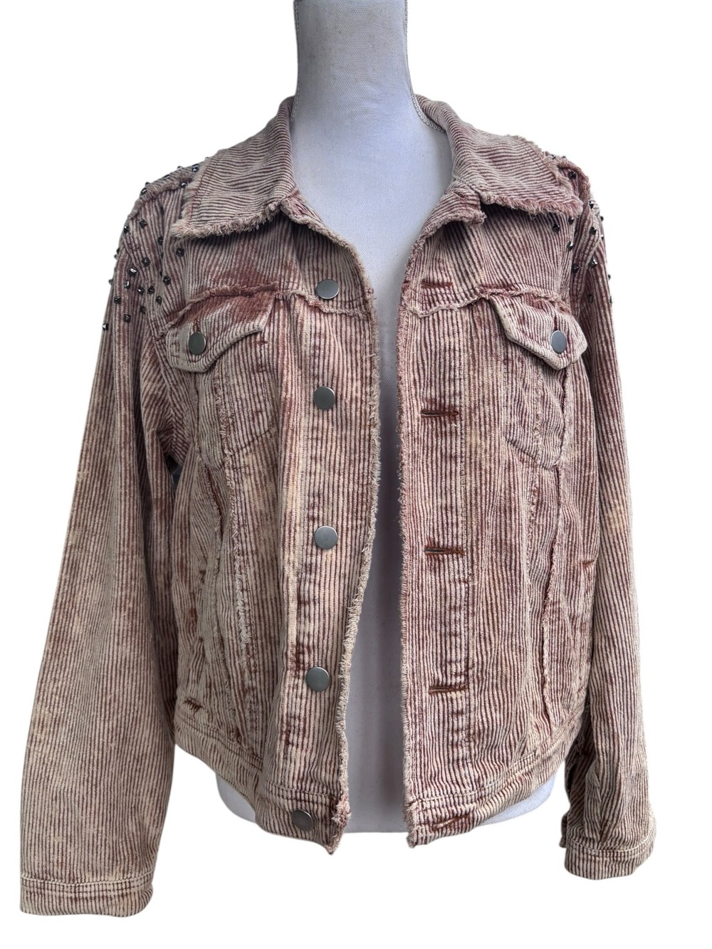 POL Studded Corduroy Jacket Shacket Raw Hem Western Boho Oversized Large